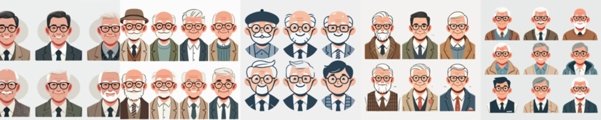 vector collection of grandfather characters wearing glasses smiling