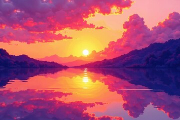 Fototapeta premium Abstract watercolor sunset, vibrant orange and purple hues , texture, peaceful, magical