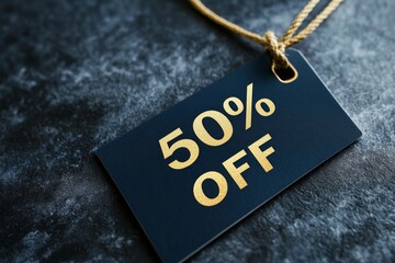 Price tag features 50% OFF in gold letters.