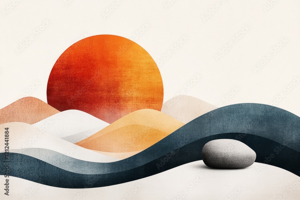 Poster a minimalist flat design of a zen rock garden with a single smooth stone and perfectly raked concent