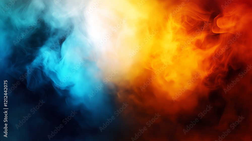 Poster abstract digital artwork blending vibrant orange and yellow flames with deep blue and teal smoke. sm