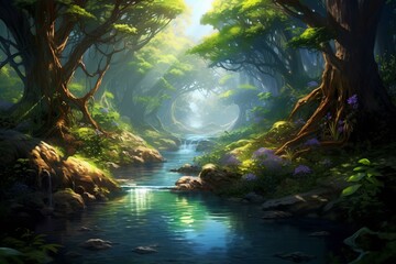 Sunlight filtering through trees illuminates a tranquil river flowing through a vibrant, magical forest, creating a peaceful and enchanting natural scene
