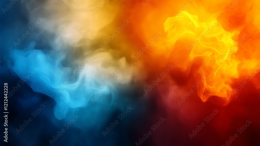 Poster abstract digital artwork blending vibrant orange and yellow flames with deep blue and teal smoke. sm