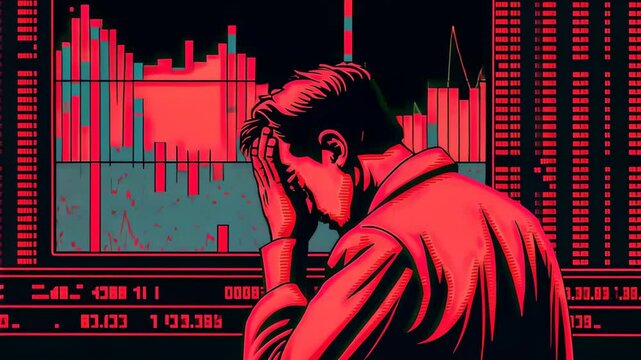 Red graphic illustration of situation business stock market crash down regression and people are sad and upset. 