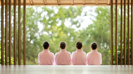 Free time  Energy Enthusiasm design. Serene view of four individuals in pink robes enjoying nature.