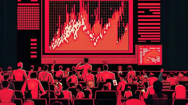 Red graphic illustration of situation business stock market crash down regression and people are sad and upset. 
