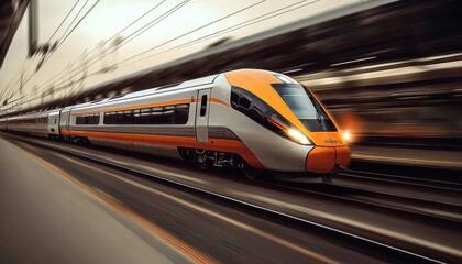 Naklejka premium High-speed train gliding through the railway station at sunset.