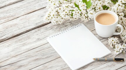 Spring morning coffee, blank notepad, flowers.  Perfect for blog, website, or social media