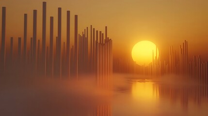 Fototapeta premium Sunset over futuristic city, fog, abstract landscape, digital art, website background