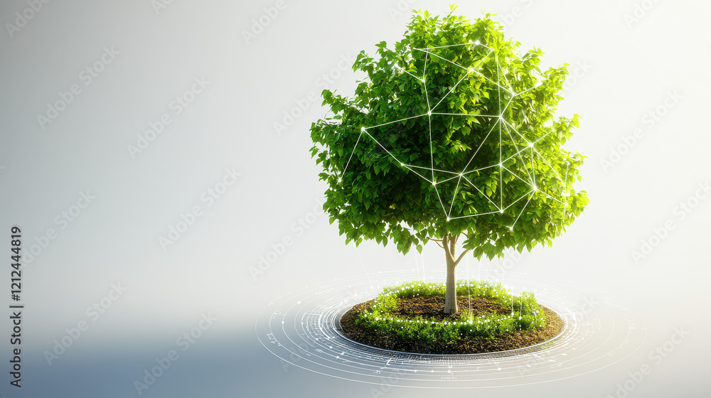 Poster digital model of tree integrated with technology, showcasing innovation and nature harmony. This representation highlights blend of nature and modern technology