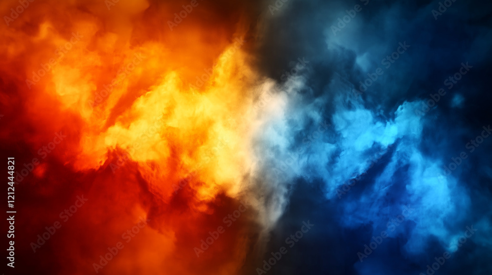 Poster abstract digital artwork blending vibrant orange and yellow flames with deep blue and teal smoke. sm