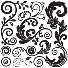 black floral decorative elements charcoal doodle scribbles including scrolls flourishes and swirls perfect for wedding invitations scrapbooking crafts vintage designs