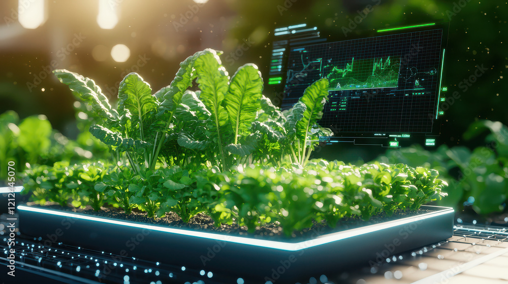Aufkleber digital model of vegetable farm showcasing advanced technology and data analysis. vibrant greens of plants contrast with high tech interface, creating harmonious blend of nature and innovation