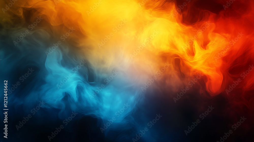 Poster abstract digital artwork blending vibrant orange and yellow flames with deep blue and teal smoke. sm