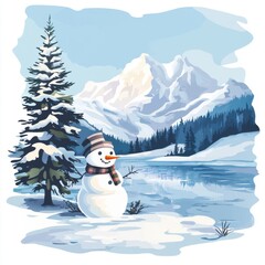 Obraz premium Snowman and pine tree by frozen lake with snowy mountains winter landscape serene viewpoint nature illustration