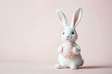 Obraz premium Easter bunny, holding a pastel polka-dotted egg. Soft pastel background, dreamy atmosphere, perfect for easter-themed designs and cards