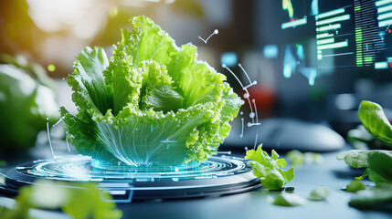 digital model of lettuce undergoing technological transformation, showcasing innovation in agriculture. vibrant green leaves highlight future of food production