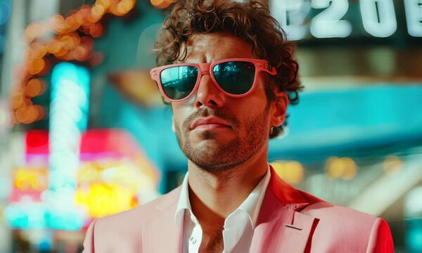 Stylish man in pink suit and sunglasses poses confidently at vibrant arcade