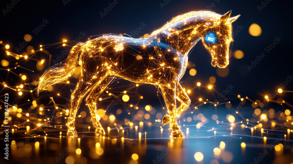 Poster digital model of horse illuminated with glowing lights, showcasing futuristic design. horse appears to be enhanced with real time animation, creating captivating visual effect