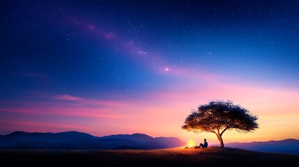 Silhouetted person sits by a campfire under a tree at sunset, with mountains and a starry night sky.