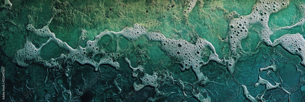 Poster aerial view of ocean waves and foam creating abstract patterns on green water surface