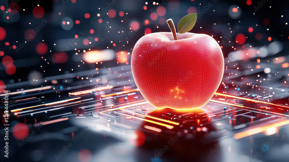 Poster digital model of red apple surrounded by glowing technology elements, symbolizing innovation and cre