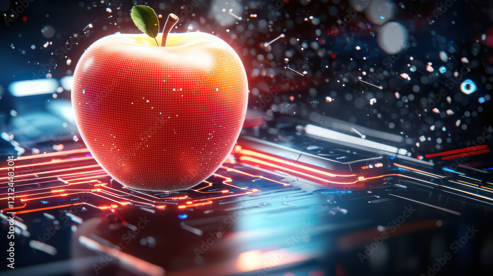Poster digital model of apple surrounded by advanced technology, showcasing blend of nature and innovation. vibrant colors and intricate details create captivating visual experience
