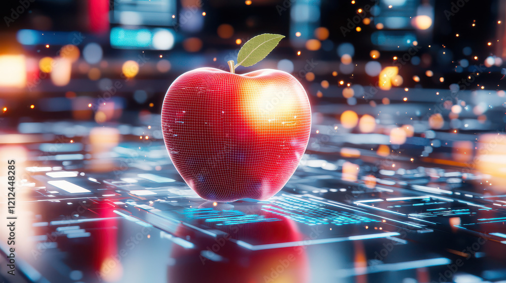 Fototapete digital model of red apple surrounded by futuristic technology, glowing particles, and vibrant backg