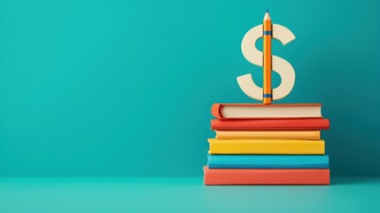 A stack of colorful books with a dollar sign and pencil placed on top, symbolizing financial knowledge and education.