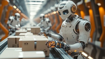 Fototapeta premium Futuristic Robot Navigating Industrial Conveyor Belt in a Modern Manufacturing Environment with Precision