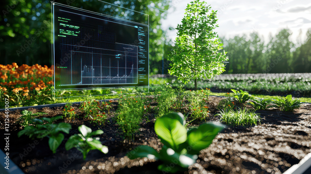 Aufkleber digital model of ecosystem integrated with technology showcases plants and data visualization. This innovative approach highlights synergy between nature and technology