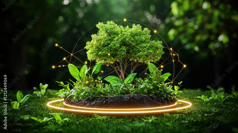 Aufkleber digital model of ecosystem integrated with technology, showcasing vibrant tree surrounded by lush greenery and glowing connections, symbolizing harmony between nature and innovation