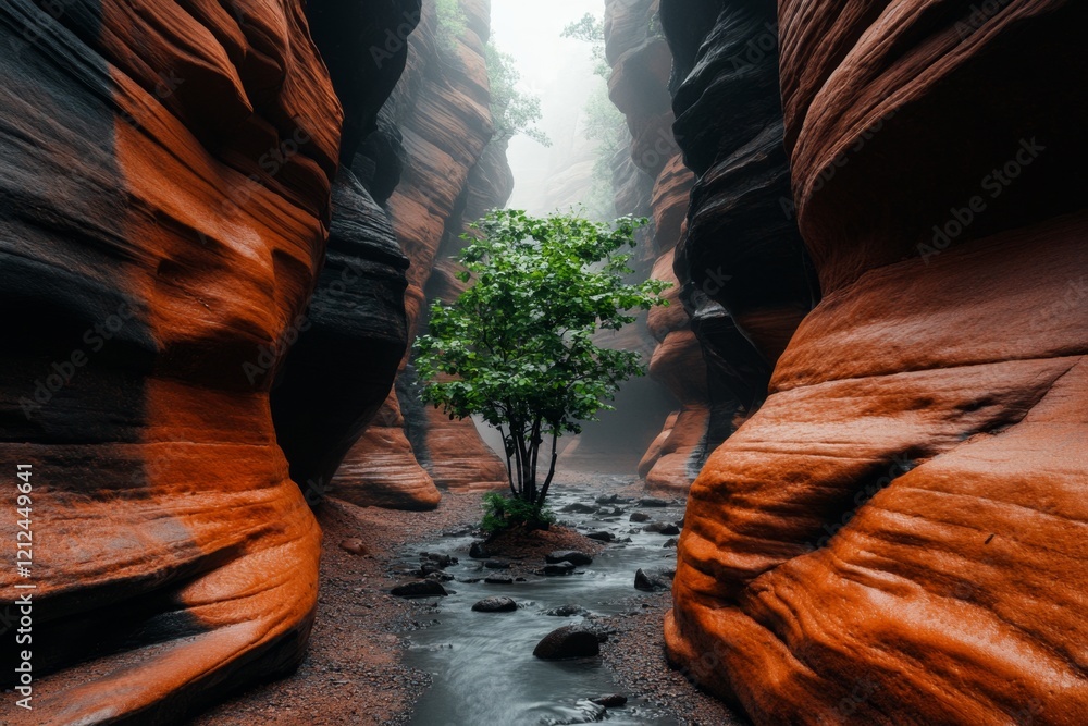 Poster a quiet morning in zion, with fog rolling through the canyon and soft light creating a mystical ambi