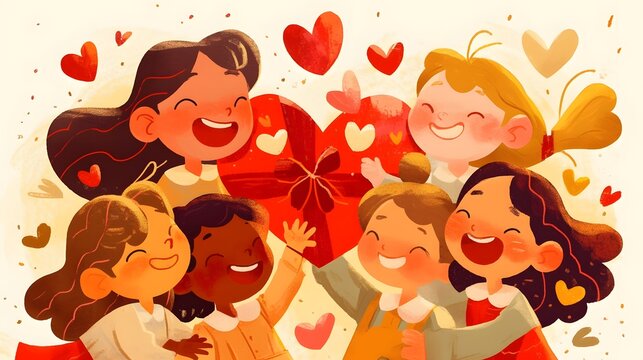 A group of kids exchanging Valentines Day cards, captured in a vintage style to convey the spirit of friendship