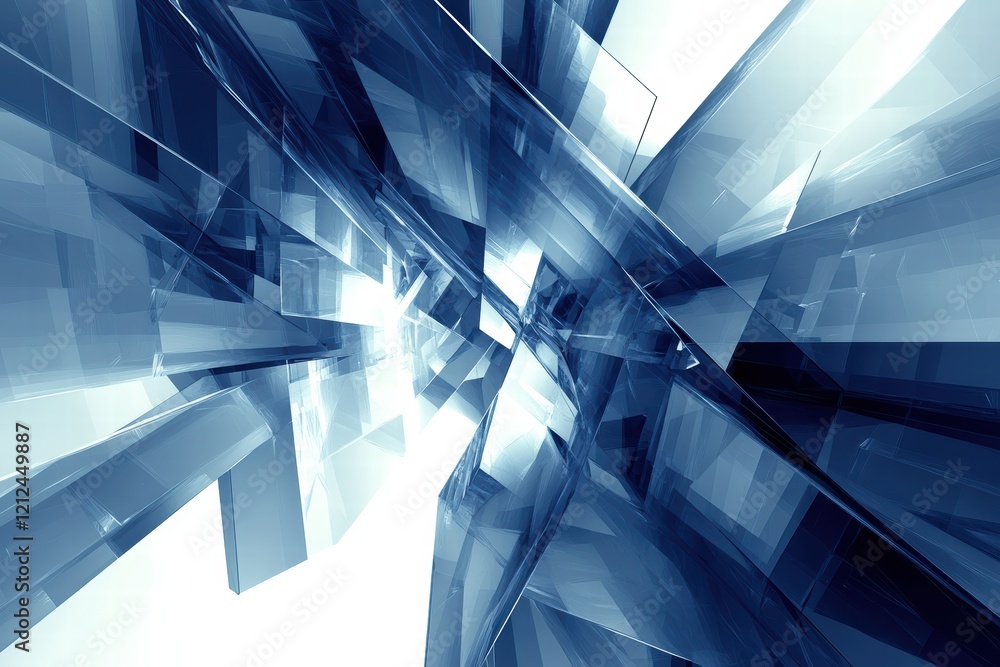 Poster geometric abstractions featuring dynamic blue and white shapes creating depth and movement