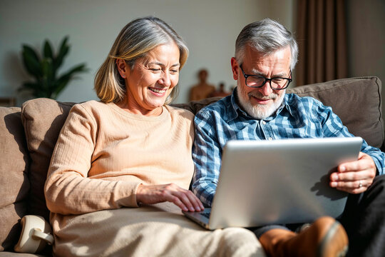 Senior couple Using laptop together at home , Retirement lifestyle concept , Generative AI