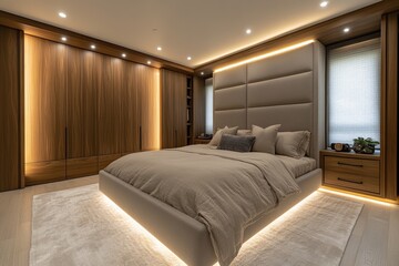 Fototapeta premium Luxury minimalist bedroom design with built-in reading lights modern home interior cozy environment contemporary viewpoint high fidelity concept