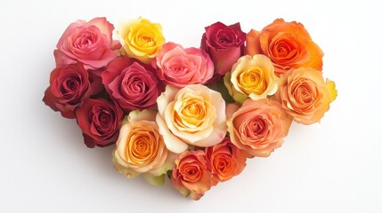 Obraz premium A rose bouquet arranged in a heart shape, floral composition, hyperrealistic photography, vibrant tones, isolated on white background 
