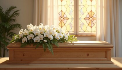A child's coffin with white orchids and greenery under the soft sunlight in the farewell room