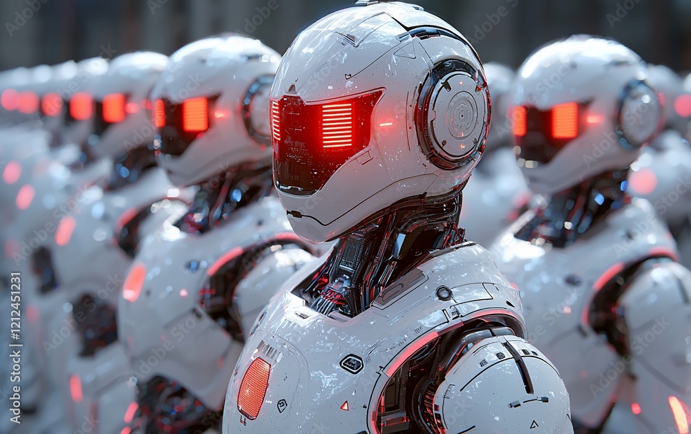 Poster close-up of a line of white robots with red glowing eyes.