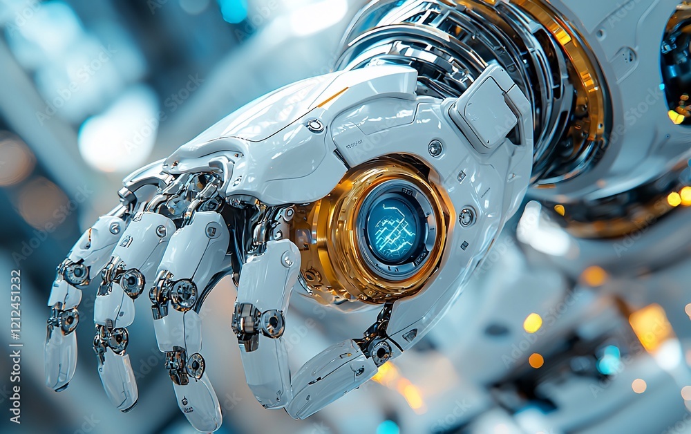 Poster close-up of a robotic hand with intricate details and glowing components.