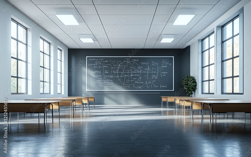 Poster 3d rendering of modern classroom with math formulas on the board, advanced teaching tools, bright an