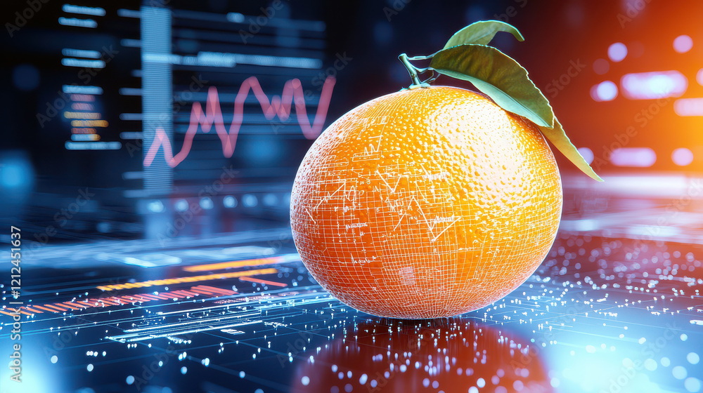 Poster digital model of orange with futuristic technology elements, showcasing data visualization and vibrant colors. This blends nature and technology seamlessly