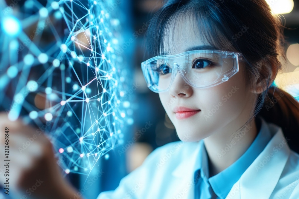 Poster A scientist examining zinc properties on a digital holographic screen in a high-tech lab
