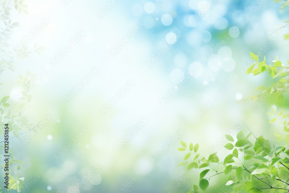 Poster sunlight filters through fresh green leaves, creating a serene and dreamy natural background with bo