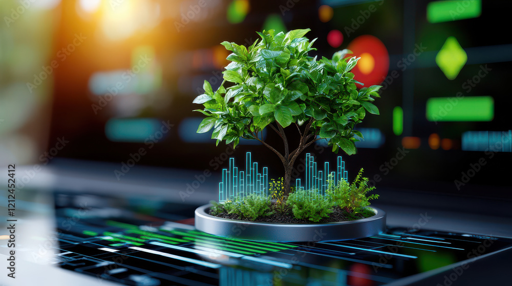 Poster digital model of tree representing business strategy and technology integration, showcasing growth a