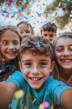 Naklejki Taking a playful selfie. A boy with glittery cheeks smiling for the camera while friends and confetti add to the celebration at the party.