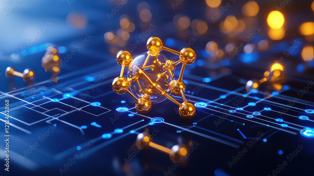 Poster digital model of chemical elements with glowing atoms and circuit patterns, showcasing integration of technology and science in futuristic setting