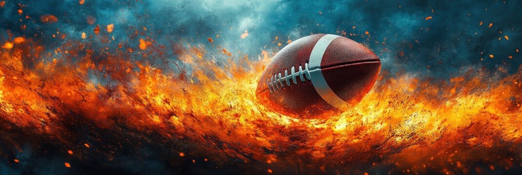Dynamic football soaring through flames, capturing the intensity of the game