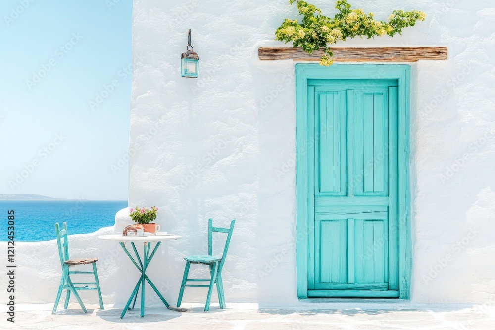 Poster a simple geometric representation of a greek taverna overlooking the sea, with clean lines and soft 